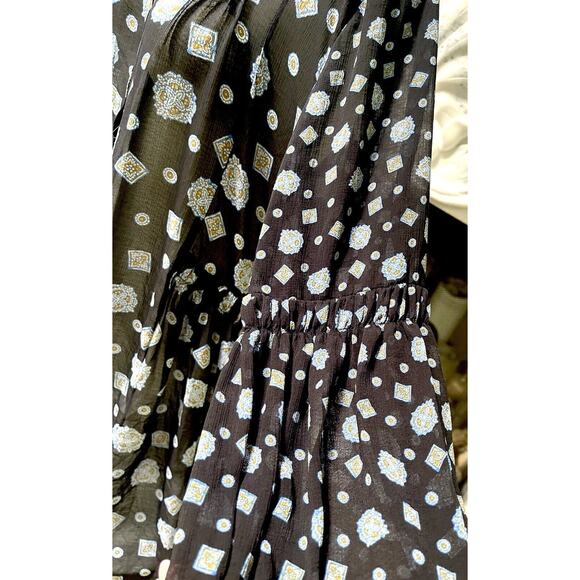 Free People black paisley Sheer Mock Neck Mini Dress flare top sz L Black - Picture 10 of 11